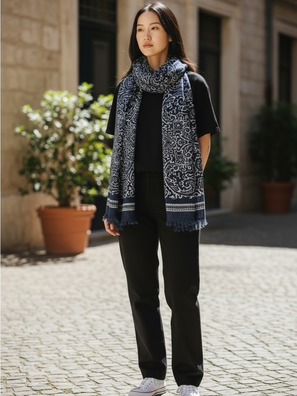 Blue White Paisley Fringe Scarf Lightweight Wrap Shawl